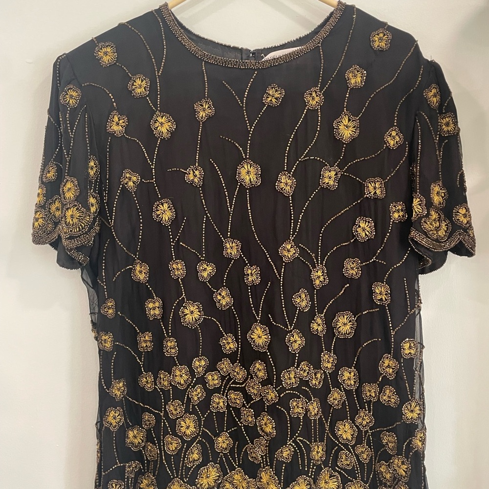VTG Papell Boutique Evening Womens XL Blouse Silk Beaded Flowers Retro Flapper